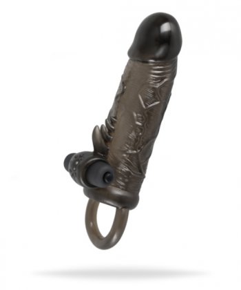Extension Slim Fit - semi transparent svart penis sleeve med vibrator